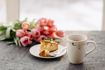 Cup of tea, flowers, herbs, tulips, Flatlay