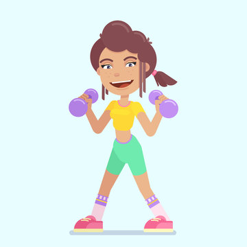 Cartoon sporty girl with dumbbells