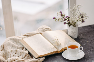 Cup of tea, knit a blanket, flowers in the window