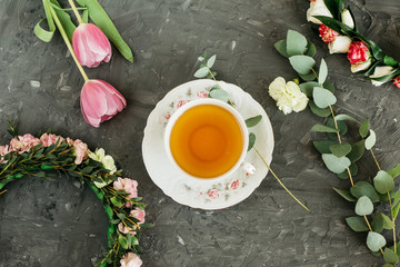 Cup of tea, flowers, herbs, tulips, Flatlay