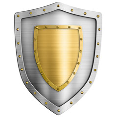 Metal silver classical shield with gold coat of arms 3d illustration