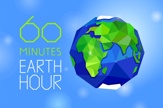 60 minutes Earth hour banner or poster. Earth, letters and stars on blue background. Geometric and polygonal style