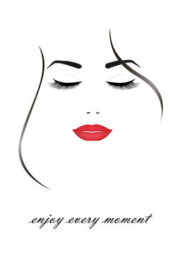  beautiful smiling woman face with closed eyes and red  lips, isolated on the white background, vertical vector illustration