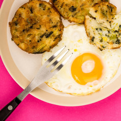 Cooked Vegetarian Bubble And Squeak Cakes With A Fried Egg
