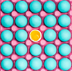 Tray with blue eggs and one with yolk