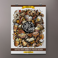 Cartoon vector hand drawn doodles Coffee poster template. Very detailed, with lots of objects illustration.