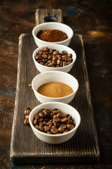 Coffee beans, ground coffee and instant coffee