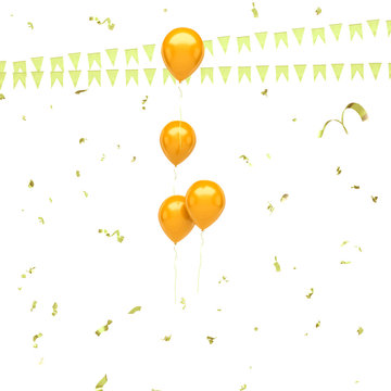Gold balloons with, gold confetti and flags on the center isolated on white background. 3D illustration of celebration, party balloons