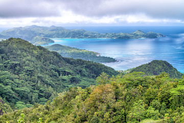 Fototapeta na wymiar Aerial view of beautiful island mountains. Vegetation and ocean
