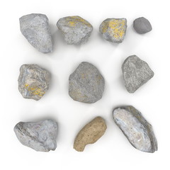 set of stones, sea pebbles isolated on white. 3D illustration