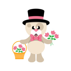 cartoon cute dog with tie and hat with flowers and basket