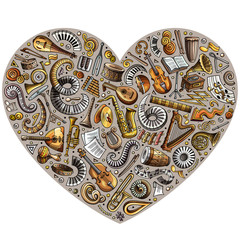 Set of vector cartoon doodle classic musical instruments and objects collected in a heart
