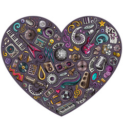 Set of vector cartoon doodle musical objects collected in a heart