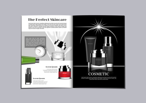 Black and white theme magazine with cream and milk lotion on left page and skincare set on lunar eclipse on right page