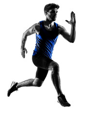 one caucasian runner sprinter running sprinting athletics man silhouette isolated on white background