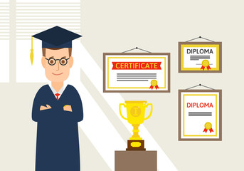 graduate student standing near diplomas and certificates hanging on wall