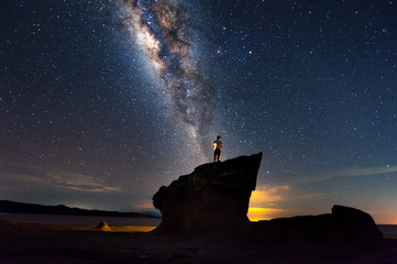Night Sky at Kudat, Sabah Malaysia with Milky Way Galaxy and stars. Soft focus and Noise due to...
