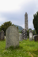 Stone tower on the historic cemetery in the Ireland