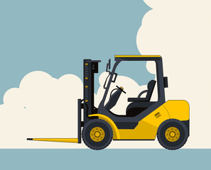 Yellow fork lift loader, sky with clouds in background. Banner layout with small excavator, crane. Vintage color stylization. Construction machinery vehicle, ground works. Flatten vector illustration.