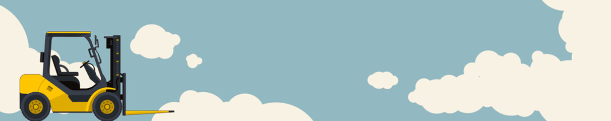 Yellow fork lift loader, sky with clouds in background. Horizontal banner layout, small excavator, crane. Vintage color stylization. Construction machinery vehicle, ground works. Vector illustration.