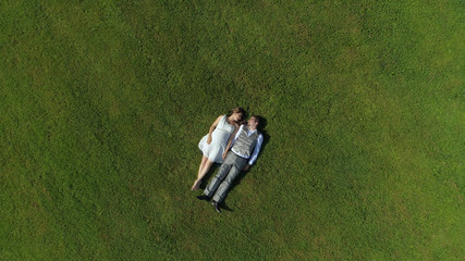AERIAL TOP DOWN Happy parents to be relaxing side by side in field holding hands