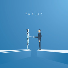 Ai or artificial intelligence vector concept with ai robot handshake with human. Symbol of future cooperation, technology advance, innovation. - obrazy, fototapety, plakaty