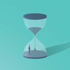 Business deadline vector concept with businessman standing in hourglass. Symbol of time pressure, countdown.