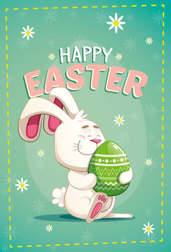 Cute easter bunny carrying a big green egg, on a green background with flowers. vector illustration