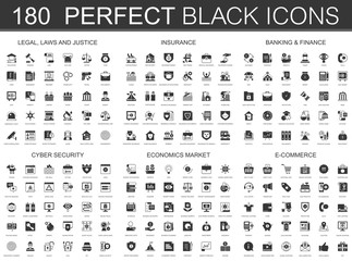 Legal, laws, justice, insurance, banking finance, cyber security, economics market and e-commerce black classic icon set.