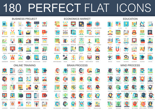 180 vector complex flat icons concept symbols of business project, economics market, education, online training, brain process, mind process. Web infographic icon design.