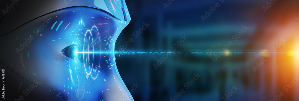 Fototapete Cyborg head using artificial intelligence to create digital interface 3D rendering