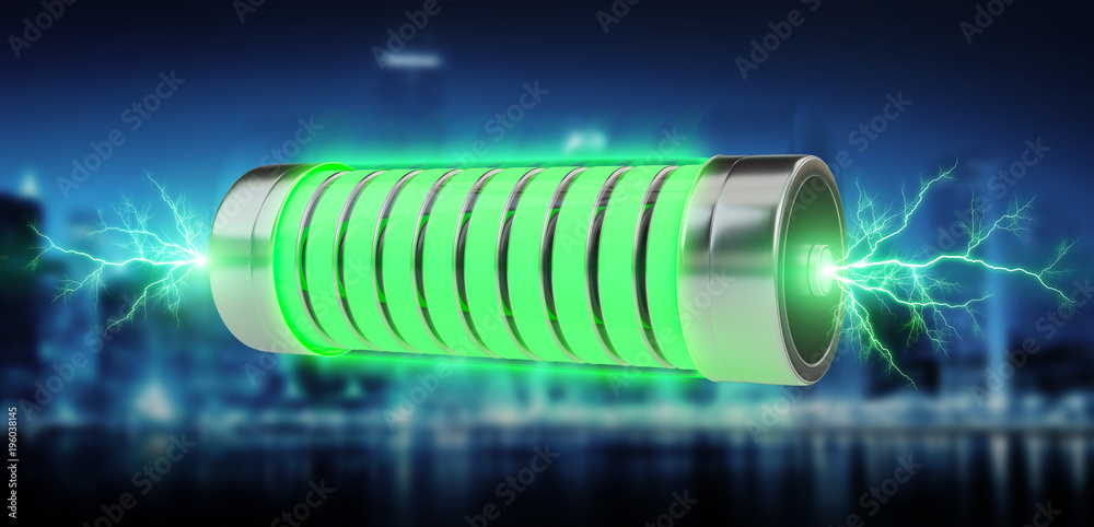 Poster green battery with lightnings 3d rendering