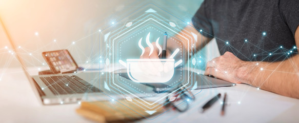 Graphic designer using application to order home made food online 3D rendering