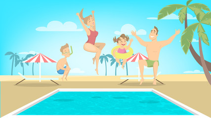 Family jump in pool.