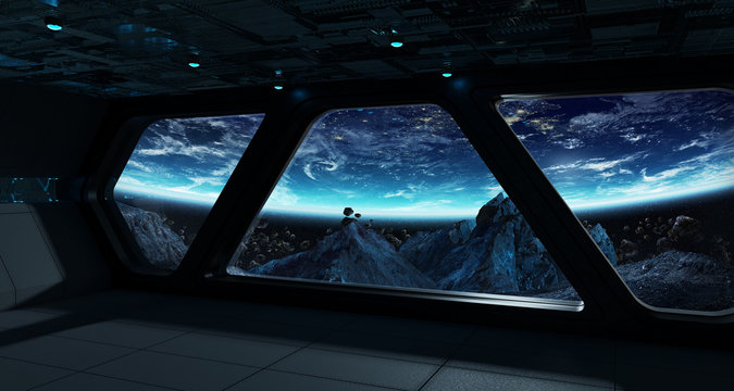 Spaceship futuristic interior with view on planet Earth
