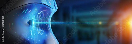 Cyborg head using artificial intelligence to create digital interface 3D rendering