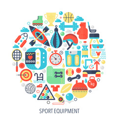 Sport fitness equipment flat infographics icons in circle - color concept illustration for sport equipment cover, emblem, template.