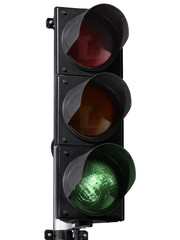 Green traffic light isolated on white background