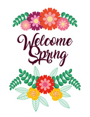 welcome spring nature flowers branches leaves vector illustration