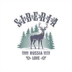 Сибирь, Пятнистый Олень на фоне елей, Россия, любовь, иллюстрация, вектор
