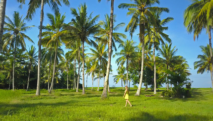 Obraz premium Young Caucasian girl looking into the distance as she walks among palm trees.