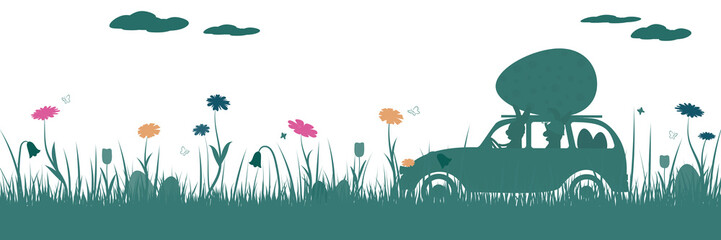 Happy Easter. Field with two rabbits in car, Easter eggs, butterfly and flowers.
