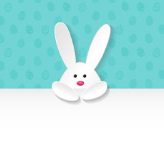 Easter background with white bunnies holding a card with copyspace. Vector.