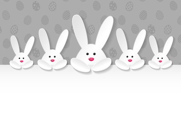 Design of Easter poster with white 3d bunnies and copyspace. Vector.