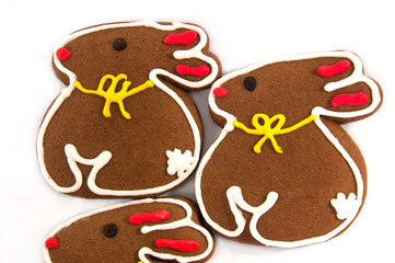 Three Easter ginger rabbit. Close-up. Celebration
