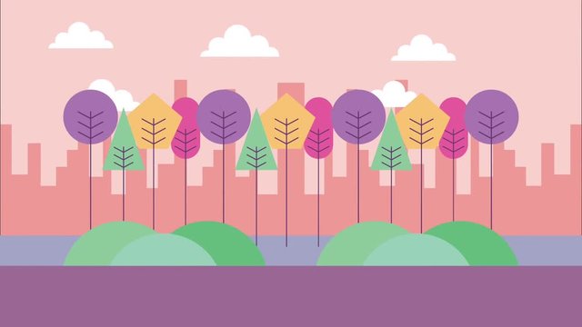landscape sunset bilding urban and colored trees bushes animation