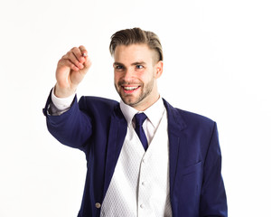 Modern technologies and business concept. Man with smiling face writes.