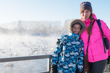 Woman at winter nonfreezing lake with white whooping swans. The place of wintering of swans, Altay, Siberia, Russia.