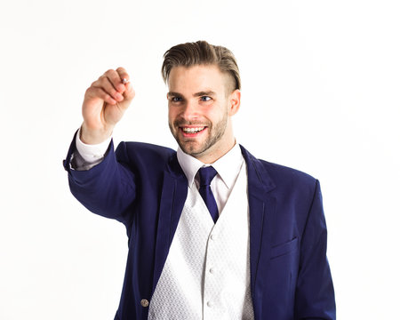 Modern technologies and business concept. Man with smiling face writes.