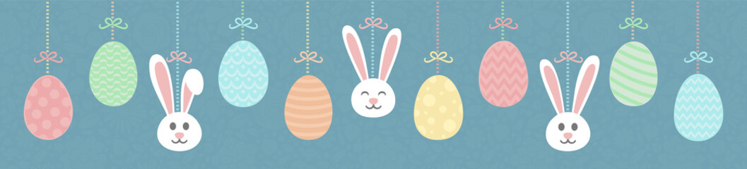 Panoramic header with hand drawn bunnies and eggs - Easter. Vector.